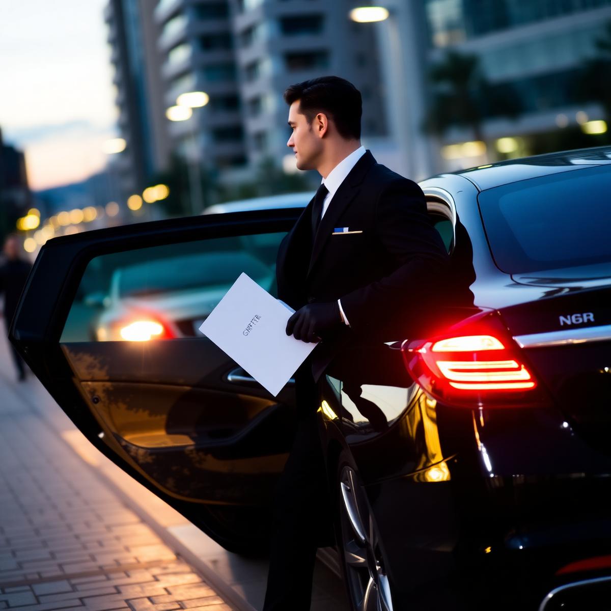 Chauffeur opening the rear door of a black luxury sedan